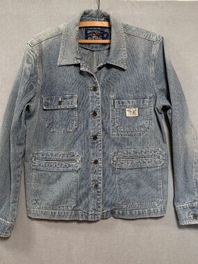 American Living Hickory Stripe Denim Chore Jacket Blue White Workwear Women XL